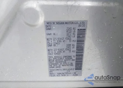 2020 Nissan Rogue S Intelligent Awd z USA, uszkodzony, nr VIN 5N1AT2MV7LC803092